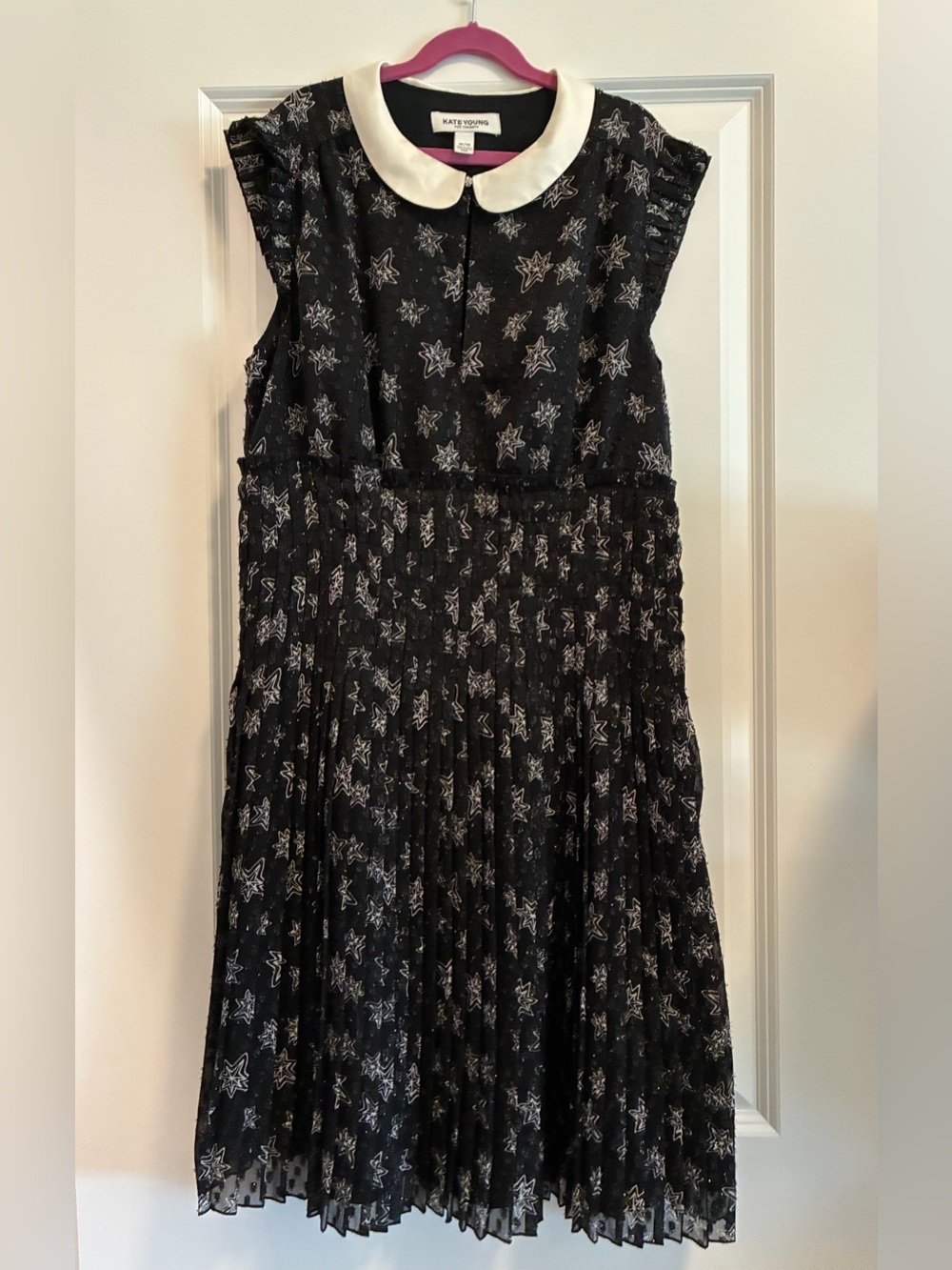 Kate Young Black Star-Print Pleated Dress with White Peter Pan Collar